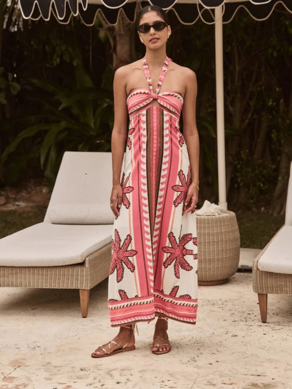 Marine Layer Pink and Cream Strapless Halter Midi Dress Size S